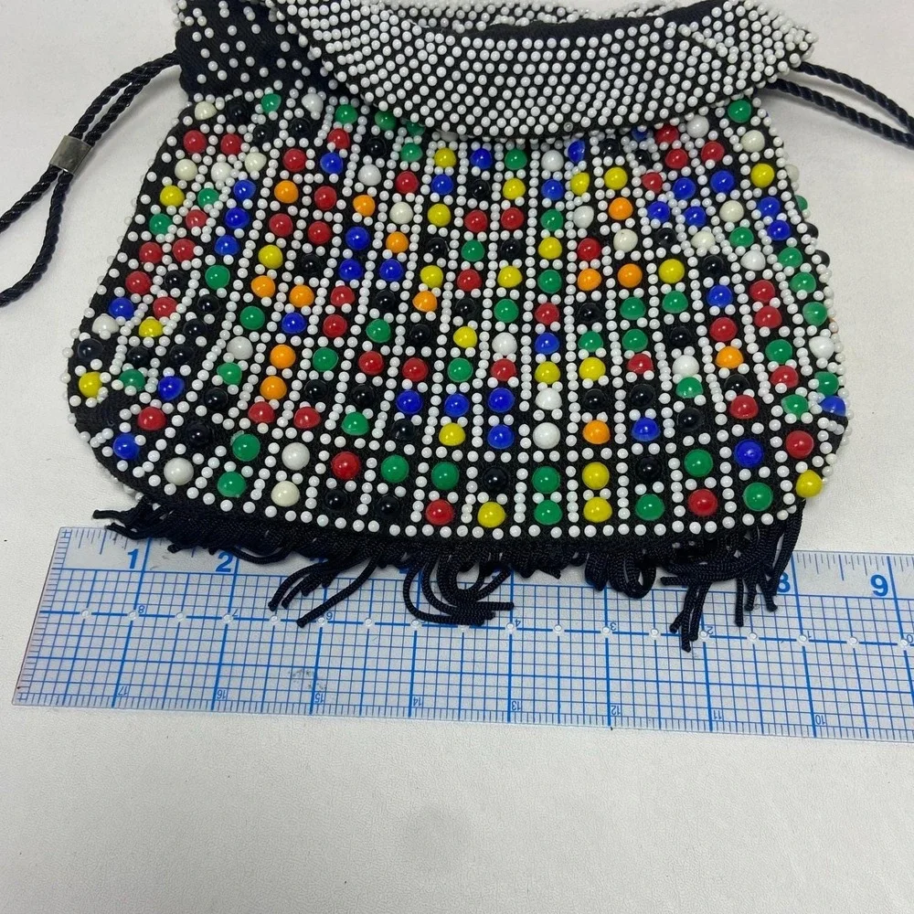 Vintage Beaded Cinch Purse Fringed  Bag‎ 1970's Candy Dot Drawstring Colorful